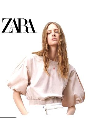 Zara Puff Sleeve Cropped Top in Light Beige